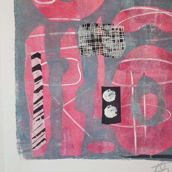 Idyllwild - Original Monoprint Art Print Signed MCM Abstract w Collage 18 X 24 - Picture 3 of 5